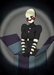  breasts breasts_out buttons darkslag-g2 female five_nights_at_freddy&#039;s five_nights_at_freddy&#039;s_2 fnaf makeup marionette_(fnaf) present_box puppet_(fnaf) purple_tears red_lipstick rosy_cheeks scottgames stripes thin_female thin_waist waist white_mask 