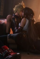  1boy 1girls 3d 3d_(artwork) arm_support bed bedroom black_hair blender blonde_hair closed_eyes cloud_strife couple earrings female final_fantasy final_fantasy_vii final_fantasy_vii_remake fingerless_gloves highres indoors kissing long_black_hair long_hair male night ria-neearts sitting sleeveless suspenders thighhighs tifa_lockhart 