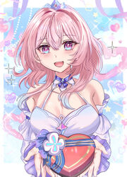  :d bare_shoulders blue_dress blue_eyes blue_sky box breasts chocola_s cleavage cloud commentary day dress female heart-shaped_box highres holding holding_box honkai:_star_rail honkai_(series) large_breasts long_sleeves looking_at_viewer march_7th_(dress)_(honkai:_star_rail) march_7th_(honkai:_star_rail) md5_mismatch medium_hair official_alternate_costume open_mouth pink_eyes pink_hair sky smile solo tiara upper_body 