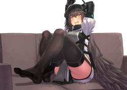  ahoge arknights ass beret bird_girl black_gloves black_hat black_thighhighs blush brown_hair cloak commentary_request couch crossed_ankles feather_cape feather_hair feet female garter_straps gloves grey_shirt hair_between_eyes hat highres infection_monitor_(arknights) looking_at_viewer no_shoes on_couch open_mouth plume_(arknights) shirt sitting solo thighhighs thighs twitter_username wavy_mouth yamauchi_(conan-comy) yellow_eyes 