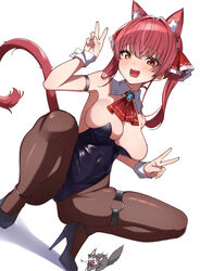  alternate_costume animal_ear_fluff animal_ears ascot bare_shoulders black_leotard blush breasts brooch brown_pantyhose cat_ears cat_tail cleavage collar commentary_request detached_collar double_v eru_(l_illust45) feline female fishnet_pantyhose fishnets grey_cat hair_ribbon heterochromia high_heels highleg highleg_leotard highres hissing hololive houshou_marine jewelry large_breasts leg_belt leotard looking_at_viewer o-ring o-ring_thigh_strap open_mouth pantyhose playboy_bunny red_ascot red_eyes red_hair red_ribbon ribbon simple_background smile solo spread_legs squatting strapless strapless_leotard tail teeth thigh_strap twintails upper_teeth_only v virtual_youtuber white_background white_collar white_wrist_cuffs wrist_cuffs yellow_eyes 