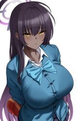  absurdres arms_behind_back blue_archive blue_cardigan box breasts cardigan closed_mouth dark-skinned_female dark_skin female gift gift_box halo heart-shaped_box highres holding holding_behind_back karin_(blue_archive) large_breasts long_hair looking_at_viewer purple_halo school_uniform simple_background tewaki valentine white_background yellow_eyes 