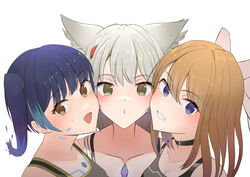  3girls :d animal_ear_fluff animal_ears bare_shoulders black_bodysuit black_choker blue_hair bodysuit braid breasts brown_eyes brown_hair choker cleavage collarbone commentary_request eteko_(eteco30) eunie_(xenoblade) grey_hair grin head_wings looking_at_viewer medium_breasts mio_(xenoblade) multicolored_hair multiple_girls pink_wings purple_eyes purple_hair sena_(xenoblade) side_ponytail simple_background smile streaked_hair upper_body white_background wings xenoblade_chronicles_(series) xenoblade_chronicles_3 