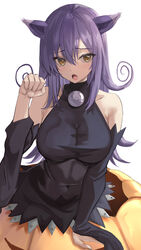  :o animal_ears bad_id bad_pixiv_id bare_shoulders black_dress blair_(soul_eater) blush breasts cat_ears cat_girl detached_sleeves dress female hair_ornament hand_up kesoshirou large_breasts long_hair long_sleeves looking_at_viewer open_mouth paw_pose pumpkin purple_hair simple_background solo soul_eater white_background yellow_eyes 