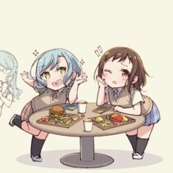  3girls :d ;o aqua_hair ayasaka bad_id bad_twitter_id bang_dream! beige_background black_legwear blue_neckwear blue_skirt bowl braid brown_hair brown_necktie brown_skirt burger commentary_request cup derivative_work elbows_on_table food french_fries glasses green_eyes hand_up haneoka_school_uniform hazawa_tsugumi heart heart_in_mouth hikawa_hina hikawa_sayo ketchup kneehighs leaning_forward leaning_on_table long_hair miniskirt multiple_girls necktie one_eye_closed open_mouth parsley plaid plaid_skirt school_uniform shoes short_hair short_sleeves siblings side_braids simple_background sisters skirt smile socks sparkle sparkling_eyes standing standing_on_one_leg sweater_vest tray twins uwabaki 