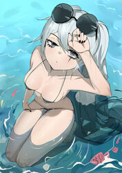  absurdres alchemy_stars arm_up bikini bikini_pull black_bikini black_nails breasts breasts_apart closed_mouth clothes_pull collarbone commentary_request eyelashes eyewear_on_head female fish full_body grey_eyes grey_hair highres kneeling long_hair looking_at_viewer looking_up medium_breasts navel partially_submerged scar scar_across_eye seashell shading_eyes shell smokey_(alchemy_stars) string_bikini sunglasses swimsuit twintails very_long_hair water wet xuxuxu 