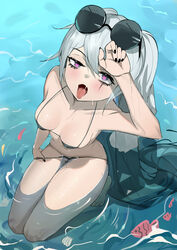  absurdres alchemy_stars arm_up bikini bikini_pull black_bikini black_nails blush breasts breasts_apart clothes_pull collarbone commentary_request eyelashes eyewear_on_head female fish full_body grey_eyes grey_hair heart heart-shaped_pupils highres kneeling long_hair looking_at_viewer looking_up medium_breasts navel open_mouth partially_submerged scar scar_across_eye seashell shading_eyes shell smokey_(alchemy_stars) string_bikini sunglasses swimsuit symbol-shaped_pupils tongue tongue_out twintails very_long_hair water wet xuxuxu 