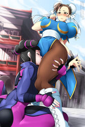  2girls ass ass_grab assertive_female bad_id bad_pixiv_id biker_clothes bikesuit black_hair blush bodysuit boots bracelet brown_hair brown_leggings brown_legwear brown_pants bun_cover chun-li closed_eyes cross-laced_footwear double_bun drill_hair fingerless_gloves gloves hair_bun hand_on_another&#039;s_ass hip_kiss jewelry juri_han kissing_thigh leggings lindaroze multiple_girls open_mouth pants pantyhose pelvic_curtain shiny_pantyhose spiked_bracelet spikes street_fighter street_fighter_v thick_thighs thigh_worship thighs twin_drills watermark web_address white_footwear yuri 