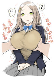  1boy ? ?? ^^^ blue_bow blue_bowtie blue_jacket borrowed_character bow bowtie breasts brown_sweater collared_shirt female flying_sweatdrops food-themed_hair_ornament green_eyes grey_hair grey_skirt groping hair_ornament hairclip highres huge_breasts jacket long_hair long_sleeves looking_at_viewer open_clothes open_jacket original parted_bangs parted_lips pineapple_hair_ornament pleated_skirt school_uniform shirt sitting skirt solo_focus spoken_question_mark sunaba_suzume sweater translated v_arms white_background white_shirt wing_collar 