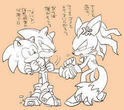  annoyed anthro bodily_fluids canid canine canis clothing cross-popping_vein dialogue eulipotyphlan feet foot_grab footwear gloves group handwear hedgehog infinite_(sonic) jackal japanese_text male mammal orange_background sega shadow_the_hedgehog shoes sikai simple_background sonic_forces sonic_the_hedgehog sonic_the_hedgehog_(series) sweat sweatdrop text translation_request tug_of_war 