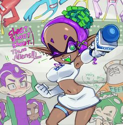  ! !! 2023 2girls 4boys :d ;d archived_source background big_breasts big_man_(splatoon) breasts clothing colored_tongue cosplay crop_top cross-shaped_pupils dark-skinned_female dark_skin deep_cut_(splatoon) drawfag earrings english_text erect_nipples erect_nipples_under_clothes fangs female food food_on_head forehead frye_(splatoon) green_eyes green_hair green_tongue groin holding holding_microphone holding_object inkling jewelry male microphone miniskirt morolians multicolored_eyes multiple_boys multiple_earrings multiple_girls navel nipples object_on_head octoling octoling_boy one_eye_closed open_mouth open_mouth_smile orange_shirt outstretched_arm pointy_ears purple_eyelashes purple_eyes purple_hair salute shirt shiver_(splatoon) short_eyebrows skirt sleeveless smile space_channel_5 speech_bubble splatfest splatoon splatoon_3 suction_cups symbol-shaped_pupils teeth tempura tentacle tentacle_hair text text_on_clothing thigh_strap tooth_earrings ulala_(cosplay) upper_teeth_only white_skirt wink 