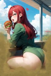  1girls ai_generated big_ass big_breasts burger eating fart fart_cloud farting red_hair 