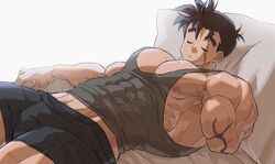  1boy abs_visible_through_clothing bara bara_tiddies bara_tits boxers dark_hair dragon_ball ellischestert12 facial_scar lying_on_back lying_on_bed male male_nipples male_only missing_arm muscular_male pecs scar serratus serratus_anterior short_hair sleeping solo son_gohan tank_top 