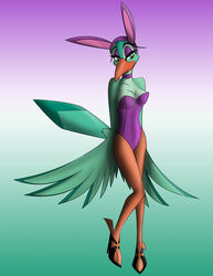  anthro avian beak bedroom_eyes biped bird breasts bunny_costume cleavage clothed clothing coraciiform costume eyebrows eyelashes fake_ears fake_rabbit_ears feather_6 feathered_wings feathers feet female footwear green_body green_feathers half-closed_eyes high_heels kingfisher looking_at_viewer narrowed_eyes non-mammal_breasts pose seana seductive shoes simple_background solo talons toes whitephoenix52 wings 