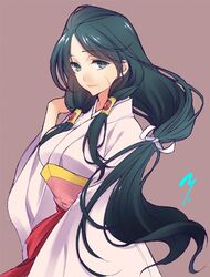  breasts brown_background chinese_clothes closed_mouth commentary_request female green_eyes hair_behind_ear hair_over_shoulder hair_ribbon hair_tubes hanfu long_hair long_sleeves low-tied_long_hair magi_the_labyrinth_of_magic medium_breasts mole mole_under_eye parted_bangs protected_link ren_hakuei ribbon sash scar scar_on_cheek scar_on_face sidelocks simple_background solo tri_tails very_long_hair white_ribbon wide_sleeves yuuki_mitsuru 