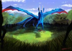  2014 blood blue_body blue_scales blue_sky bodily_fluids clearing deer dragon feral forest grass killing male mammal mythological_creature mythological_scalie mythology nature outside plant ratheyu_natasatch scales scalie sky tree velannal 