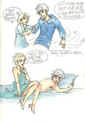  after_sex bed blanket blue_eyes crossover crying elsa_(frozen) female frozen_(disney) grown_up high_heels jack_frost_(rise_of_the_guardians) pillow rise_of_the_guardians tears white_hair 