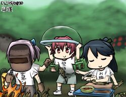  3girls black_hair closed_eyes clothes_writing commentary_request dated fish hamu_koutarou houshou_(kancolle) kantai_collection kaze_no_tani_no_nausicaa kinu_(kancolle) knife mittens multiple_girls mutsu_(kancolle) mutsu_(snail) ohmu pink_hair ponytail red_eyes red_hair shiranui_(kancolle) short_hair smile translated welding_mask when_you_see_it 