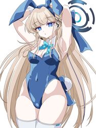  :o absurdres amanotti_01 animal_ear_hairband animal_ears anime_coloring armpits arms_behind_head arms_up blonde_hair blue_archive blue_bow blue_bowtie blue_eyes blue_hairband blue_halo blue_leotard bow bowtie braid breasts cleavage earphones earrings fake_animal_ears female groin hairband halo headset highres jewelry leotard long_hair looking_at_viewer microphone official_alternate_costume parted_lips playboy_bunny presenting_armpit rabbit_ear_hairband rabbit_ears rabbit_tail side_braid simple_background small_breasts solo strapless strapless_leotard tail thighhighs thighs toki_(blue_archive) toki_(bunny)_(blue_archive) white_background white_thighhighs 