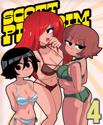  3girls absurdres arms_behind_back ass bikini black_eyes black_hair blue_eyeshadow bra breast_hold breasts brown_bra brown_choker brown_hair brown_panties choker commentary copyright_name cover envy_adams eyeshadow fake_cover freckles green_bra green_panties hair_between_eyes hair_over_one_eye hashtag-only_commentary highres inker_comics kim_pine knives_chau large_breasts makeup medium_breasts multiple_girls navel no_sclera panties red_hair scott_pilgrim_(series) side-tie_bikini_bottom signature standing striped_bikini striped_clothes swimsuit twitter_username underwear underwear_only 