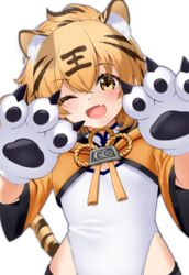  animal_ears animal_hands azur_lane chinese_clothes commentary_request female flat_chest highres hu_pen_(azur_lane) looking_at_viewer medium_hair oerba_yun_fang one_eye_closed open_mouth orange_eyes orange_hair simple_background solo tail thighhighs tiger_ears tiger_paws tiger_tail tks_(tksmk3) white_background 