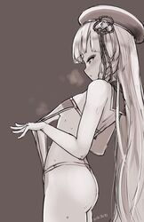  ass bare_shoulders beret blunt_bangs blush braid breasts clothes_pull erune eyeliner female granblue_fantasy greyscale hat highleg highleg_leotard highres leotard long_hair looking_down makeup monochrome nosuku parted_lips pholia short_eyebrows side_braids sideless_leotard sideless_outfit small_breasts solo sweat thighs very_long_hair 