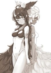  2girls ahoge angel_wings armlet back-to-back bare_shoulders breasts covered_navel dark-skinned_female dark_skin feathered_wings granblue_fantasy greyscale halluel_(granblue_fantasy) head_wings highleg highleg_leotard highres leotard long_hair looking_at_viewer malluel_(granblue_fantasy) medium_breasts monochrome multiple_girls nosuku sideless_leotard sideless_outfit smile thighs wings 