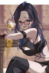  absurdres bad_id bad_pixiv_id black-framed_eyewear black_hair black_nails black_shirt black_shorts black_thighhighs blue_eyes blue_hair blush breasts cleavage cleavage_cutout clothing_cutout crossed_legs cup female glasses highres holding holding_cup kson kson_(6th_costume) large_breasts looking_at_viewer mole mole_under_eye multicolored_hair nail_polish nekoi_(nekoi_0116) open_mouth shirt shorts smile streaked_hair thighhighs virtual_youtuber vshojo 