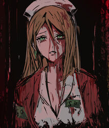  armband blood blood_on_clothes blood_on_face breasts brown_hair cleavage commentary_request crying crying_with_eyes_open earrings female frown green_eyes hair_between_eyes hat jacket jewelry lisa_garland long_hair miichinori nurse_cap open_mouth red_jacket shirt silent_hill_(series) silent_hill_1 solo tears upper_body white_shirt 