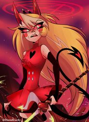  absurdres angry blonde_hair chandllucky charlie_morningstar crown demon demon_girl demon_horns demon_tail dress female hazbin_hotel highres horns long_hair looking_at_viewer pitchfork red_dress solo tail 