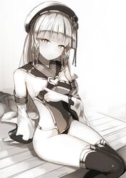  armlet bare_shoulders beret blunt_bangs braid breasts covered_navel detached_sleeves erune eyeliner female granblue_fantasy greyscale hat highleg highleg_leotard highres leotard long_hair looking_at_viewer makeup monochrome nosuku pholia short_eyebrows side_braids sideless_leotard sideless_outfit sitting small_breasts solo thighhighs thighs very_long_hair wide_sleeves 