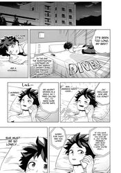  1boy bed buthikireta izuku_midoriya listening my_hero_academia ochako_uraraka phone wholesome 