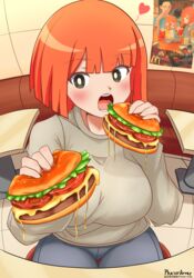  1girls alternate_breast_size big_breasts black_eyes blush bob_cut breasts burger busty cheese cheeseburger curvaceous curvy curvy_female curvy_figure dad_(japanese_mcdonald&#039;s_commercial) daughter_(japanese_mcdonald&#039;s_commercial) eating eating_food female female_only food green_eyes hamburger_bun heart lettuce mcdonald&#039;s milf mom_(japanese_mcdonald&#039;s_commercial) mother open_mouth orange_hair phaser_array_(artist) poster_(object) reference_image solo sweater table tomato voluptuous yoru_mac 