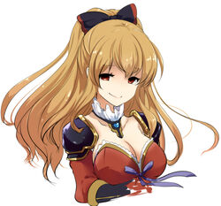  black_bow blonde_hair bow breasts cleavage collarbone commentary_request empty_eyes female granblue_fantasy hairbow large_breasts long_hair negiko no_nose ponytail red_eyes shoulder_pads simple_background smile solo upper_body vira_(granblue_fantasy) white_background 