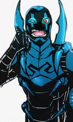  1boy armor blue_beetle dc_comics jamie_reyes male_focus open_mouth power_armor simple_background solo tetu yellow_eyes 