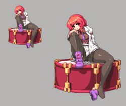  bad_id bad_twitter_id bass_drum boots drum female grey_background horikawa_raiko instrument jacket legs miniskirt namako_daibakuhatsu necktie panties panties_under_pantyhose pantyhose pixel_art purple_footwear red_eyes red_hair short_hair simple_background single_boot sitting skirt solo spread_legs thick_thighs thighband_pantyhose thighs touhou underwear unworn_boots 