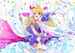  :d ahoge aiguillette bird blonde_hair blue_leotard chkuyomi commentary_request confetti crown drill_hair elbow_gloves epaulettes feathers female gem gloves gradient_gloves holding holding_scepter juliet_sleeves leotard long_sleeves medal original puffy_sleeves purple_eyes royal_robe sash scepter signature smile solo sparkle_print teeth twin_drills upper_teeth_only 