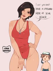  1boy 1boy1girl 1girls ada_wong ada_wong_(adriana) aroused asian asian_female ass bathtub_lifeguard_(meme) big_breasts black_hair blonde_hair blonde_male blue_eyes blush breasts brown_eyes brown_hair cleavage dialog dialogue excited eyebrows female female_focus fit fit_female fit_male heart highleg highleg_swimsuit human human_only kamii_momoru large_breasts leon_scott_kennedy lifeguard lifeguard_swimsuit light-skinned_female light-skinned_male light_skin male mature_female mature_male medium_breasts meme muscles naked naked_female navel open_mouth parody resident_evil resident_evil_2 resident_evil_4 resident_evil_4_remake short_hair simple_background slim_waist smile speech_bubble straight swimsuit thick_thighs tummy video_game video_games white_male wide_hips 