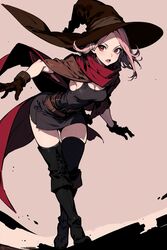  1girls ai_generated bandana bending_forward black_boots black_dress boots brown_cloak brown_gloves cleavage cloak clothed clothing dress female full_body fully_clothed gloves overknee_boots pink_eyes pink_hair pointed_hat red_bandana soul_knight witch witch_(soul_knight) witch_hat 