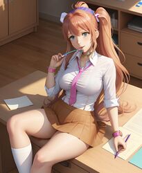  1girls ai_generated big_breasts big_nipples blue_eyes clothed clothing doki_doki_literature_club female holding_pen image just_monika long_hair long_sleeves long_socks monika_(doki_doki_literature_club) necklace no_sex pen_in_mouth school_uniform schoolgirl shawnald313 sitting sitting_on_desk skirt 