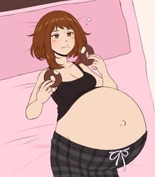  1girls alone bangs bare_arms bare_belly bare_shoulders bed bed_covers bed_sheet bedding bedding_background bedroom bedroom_setting belly belly_button big_belly black_clothes black_clothing black_eyelashes black_tank_top blush boku_no_hero_academia bottomwear breasts brown_eyebrows brown_eyes brown_hair brown_hair_female brunette_hair casual casual_clothes casual_clothing chewing chocolate_covered chocolate_doughnut cleavage closed_mouth clothed clothed_female clothes clothes_lift clothing clothing_lift collarbone color colored consuming cropped cropped_legs crumbs disproportional donut doughnut eating eating_food english english_language english_text eyebrows eyelashes eyelids fair-skinned_female fair_skin female female_focus female_only fingernails fingers food gingham hair huge_belly hyper hyper_belly hyper_pregnancy in_bed knuckles light-skinned light-skinned_female light_skin light_skinned light_skinned_female looking_up looking_upward lying lying_in_bed lying_on_back lying_on_bed medium_breasts misscherrylle mouth mouth_closed munching my_hero_academia nails navel neck nose ochako_uraraka on_back on_bed on_bedding outie_navel pattern_bottomwear pattern_clothing pattern_shorts pillow pink_bed pink_bed_sheet pink_bedding pink_pillow popped_navel pregnancy pregnancy_cravings pregnant pregnant_belly pregnant_female round_belly shaded shading shadow short_hair shorts solo solo_female solo_focus sweet tank_top tank_top_lift tanktop text top top_lift topwear topwear_lift topwear_up uraraka_ochako watermark 