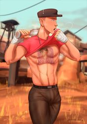  alcornoz fit_male male_only muscular_male pinup scout_(team_fortress_2) shirt_lift shirt_up solo_male sweatdrop team_fortress_2 twink wiping_sweat 