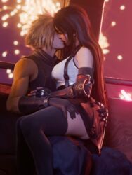  1boy 1girls 3d 3d_(artwork) black_hair blender blonde_hair breasts closed_eyes clothed cloud_strife couple date earrings female final_fantasy final_fantasy_vii final_fantasy_vii_rebirth final_fantasy_vii_remake fireworks gloves hand_on_ass kissing large_breasts long_hair male medium_breasts ria-neearts romantic romantic_couple sitting_on_lap skirt sleeveless straight suspenders thighhighs tifa_lockhart white_tank_top 