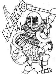  2016 3:4 3_toes ambiguous_gender ambiguous_species anthro armor black_and_white bottomwear buckler calvin_lapin_(spiff) chainmail clothing derp_eyes duo ears_down face_shield feet fight fighting_pose furgonomics gauntlets gloves handwear headgear helmet hema holding_melee_weapon holding_object holding_shield holding_sword holding_weapon knee_pads labjer lagomorph leporid long_ears looking_at_another male_(lore) mammal martial_arts mask melee_weapon monochrome motion_lines onomatopoeia pants pivoted_ears plate_mail platemail pose practice practice_sword practice_weapon rabbit scut_tail shield short_tail simple_background sound_effects sword tail text toes traditional_media_(artwork) training_weapon tristan_growlagher_(spiff) weapon white_background white_bottomwear white_clothing white_pants white_tail 