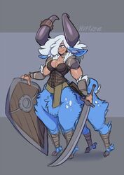  armor big_horn blue_body blue_fur breasts cleavage clothed clothing corset_armor deer deer_taur digital_media_(artwork) female fur gynomorph_(lore) hair hi_res hooves horn huffslove humanoid_taur inner_ear_fluff leather leather_armor long_ears mammal mammal_taur melee_weapon one_eye_obstructed pauldron saddle shield smile solo sword taur tawnya_(huffslove) tuft vambrace weapon white_hair 