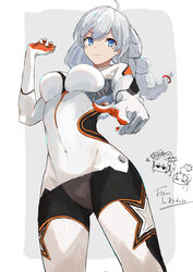  3girls absurdres ahoge arm_up blue_eyes bodysuit braid breasts bronya_zaychik closed_mouth commentary_request covered_navel cowboy_shot grey_hair hair_between_eyes hairband highres honkai_(series) honkai_impact_3rd kiana_kaslana kiana_kaslana_(white_comet) long_hair long_sleeves looking_at_viewer looking_down multiple_girls pointing pointing_at_viewer project_bunny raiden_mei raiden_mei_(herrscher_of_thunder) signature smile tosiyu3617 twin_braids very_long_hair 