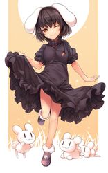  :3 ;) ;d animal animal_ears black_dress black_hair breasts carrot_necklace closed_mouth clothes_lift commentary dress dress_lift female full_body highres inaba_mob_(touhou) inaba_tewi jewelry looking_at_viewer midori_(misuriru8) necklace one_eye_closed open_mouth puffy_short_sleeves puffy_sleeves rabbit rabbit_ears red_eyes short_hair short_sleeves skirt_hold small_breasts smile solo touhou 