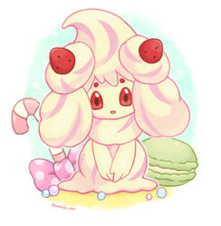  alcremie alcremie_(strawberry_sweet) alcremie_(vanilla_cream) artist_name bad_id bad_pixiv_id bow brown_eyes candy candy_cane colored_sclera commentary_request food fruit happy looking_at_viewer macaron no_humans open_mouth outline own_hands_together pink_bow pokemon pokemon_(creature) polka_dot polka_dot_bow red_sclera rorosuke smile solo strawberry twitter_username v_arms 