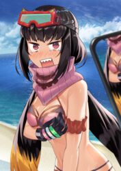  arm_garter arm_under_breasts bare_shoulders beppu_mitsunaka bikini black_gloves black_hair blue_sky blush breasts cellphone cleavage fate/grand_order fate_(series) female gloves goggles goggles_on_head gradient_hair highres large_breasts long_hair looking_at_viewer low_twintails multicolored_hair navel ocean open_mouth osakabehime_(fate) osakabehime_(swimsuit_archer)_(fate) osakabehime_(swimsuit_archer)_(second_ascension)_(fate) outdoors phone pink_bikini pink_scarf scarf sharp_teeth sitting ski_goggles sky swimsuit tearing_up teeth twintails very_long_hair 