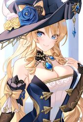  absurdres armpit_crease bare_shoulders black_hat black_sleeves blonde_hair blue_eyes blue_flower blue_gemstone blush breasts cleavage closed_mouth detached_sleeves dress drill_hair drill_sidelocks female fingernails flower gem genshin_impact hair_over_one_eye hand_up hat hat_flower highres lace-trimmed_collar lace_trim lalazyt large_breasts long_hair long_sleeves looking_at_viewer navia_(genshin_impact) rose sidelocks smile solo strapless strapless_dress upper_body yellow_flower yellow_rose 